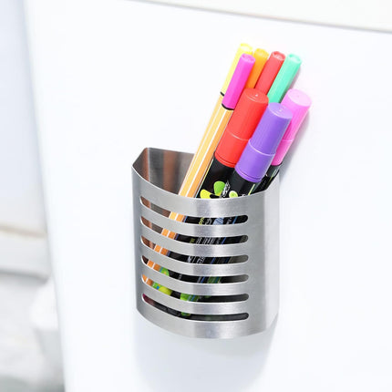 2 Pack Magnetic Modern Pen and Pencil Holder, Metal Writing Utensil Storage Organizer for Kitchen, Locker, Home, or Office, 3.25" x 1.75" x 3.50", Brushed Stainless Steel.