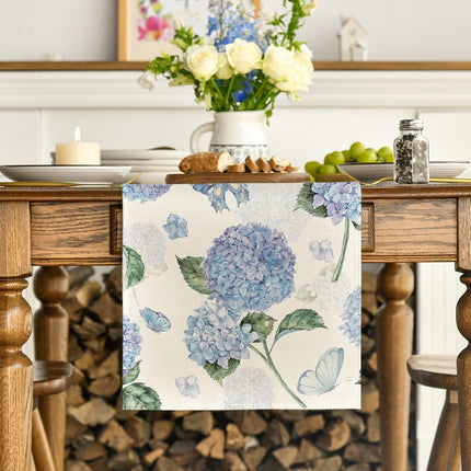 Hydrangea Butterfly Summer Table Runner, Seasonal Spring Holiday Kitchen Dining Table Decoration for Home Party Indoor 13x72 Inch.