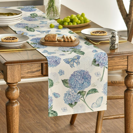 Hydrangea Butterfly Summer Table Runner, Seasonal Spring Holiday Kitchen Dining Table Decoration for Home Party Indoor 13x72 Inch.