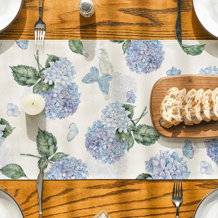 Hydrangea Butterfly Summer Table Runner, Seasonal Spring Holiday Kitchen Dining Table Decoration for Home Party Indoor 13x72 Inch.