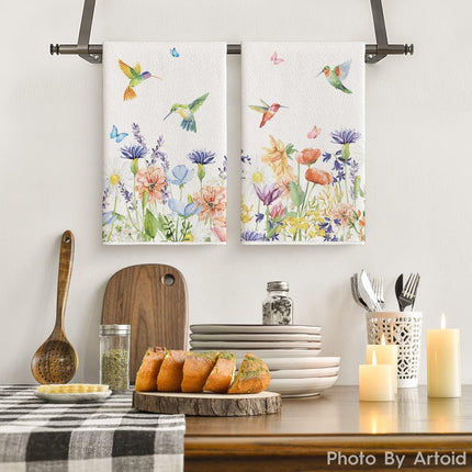 Anemone Flower Hummingbird Kitchen Towels Dish Towels, 18x26 Inch Seasonal Spring Summer Wild Floral Holiday Decoration Hand Towels Set of 2.