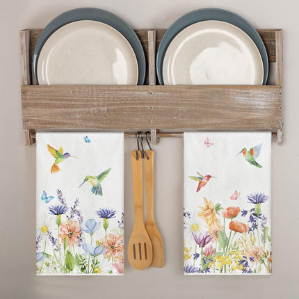 Anemone Flower Hummingbird Kitchen Towels Dish Towels, 18x26 Inch Seasonal Spring Summer Wild Floral Holiday Decoration Hand Towels Set of 2.