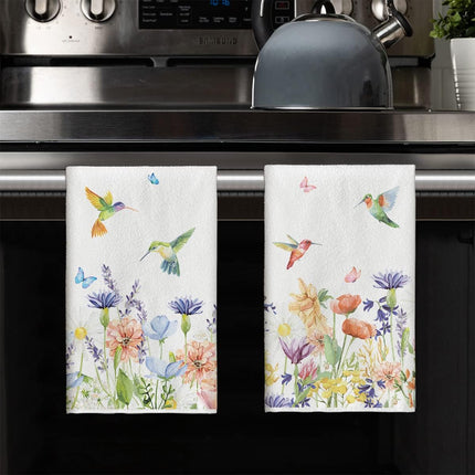 Anemone Flower Hummingbird Kitchen Towels Dish Towels, 18x26 Inch Seasonal Spring Summer Wild Floral Holiday Decoration Hand Towels Set of 2.