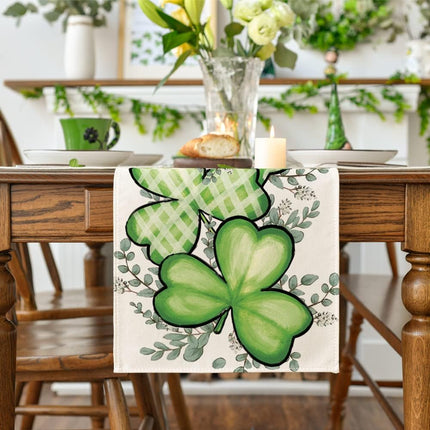 Clover Shamrocks Eucalyptus Buffalo Plaid St.Patrick's Day Table Runner, Seasonal Kitchen Dining Table Runner for Home Party Decor 13x72 Inch.