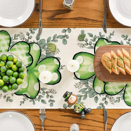 Clover Shamrocks Eucalyptus Buffalo Plaid St.Patrick's Day Table Runner, Seasonal Kitchen Dining Table Runner for Home Party Decor 13x72 Inch.