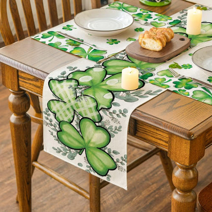 Clover Shamrocks Eucalyptus Buffalo Plaid St.Patrick's Day Table Runner, Seasonal Kitchen Dining Table Runner for Home Party Decor 13x72 Inch.