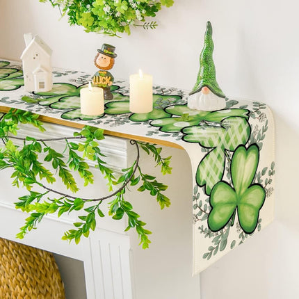 Clover Shamrocks Eucalyptus Buffalo Plaid St.Patrick's Day Table Runner, Seasonal Kitchen Dining Table Runner for Home Party Decor 13x72 Inch.