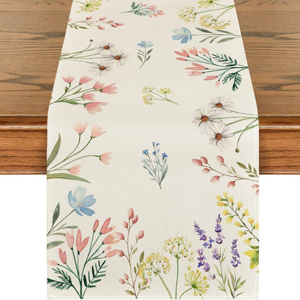 Flowers Floral Summer Table Runner, Seasonal Spring Fall Kitchen Dining Table Decoration for Home Party 13x72 Inch.