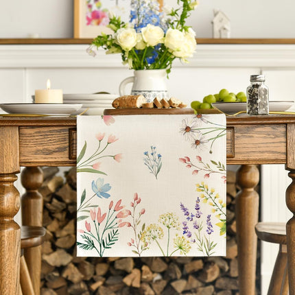Flowers Floral Summer Table Runner, Seasonal Spring Fall Kitchen Dining Table Decoration for Home Party 13x72 Inch.