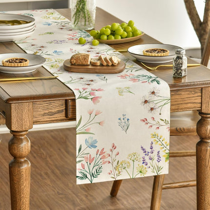 Flowers Floral Summer Table Runner, Seasonal Spring Fall Kitchen Dining Table Decoration for Home Party 13x72 Inch.