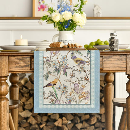 Blue Birds Flowers Blossom Table Runner, Seasonal Spring Floral Kitchen Dining Table Decoration for Home Party Decor 13x72 Inch.