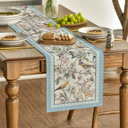 Blue Birds Flowers Blossom Table Runner, Seasonal Spring Floral Kitchen Dining Table Decoration for Home Party Decor 13x72 Inch.