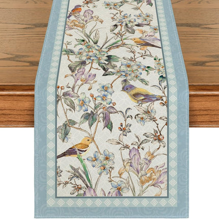 Blue Birds Flowers Blossom Table Runner, Seasonal Spring Floral Kitchen Dining Table Decoration for Home Party Decor 13x72 Inch.