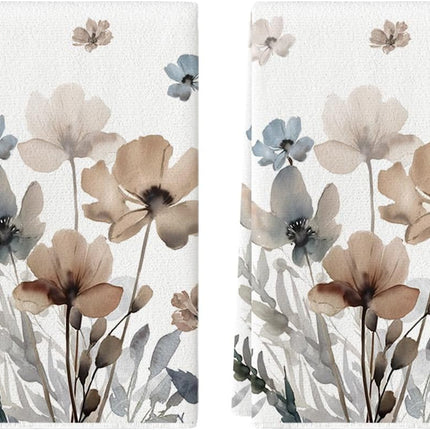 Brown Poppy Floral Leaves Spring Kitchen Towels Dish Towels, 18x26 Inch Seasonal Summer Decoration Hand Towels Set of 2.