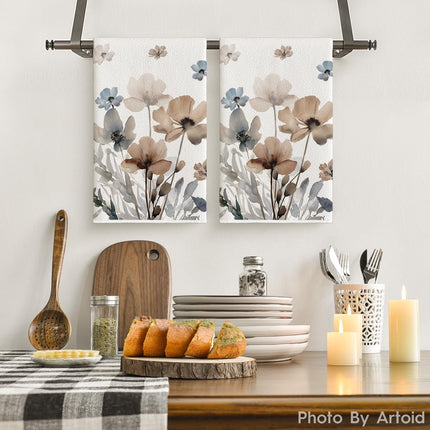 Brown Poppy Floral Leaves Spring Kitchen Towels Dish Towels, 18x26 Inch Seasonal Summer Decoration Hand Towels Set of 2.