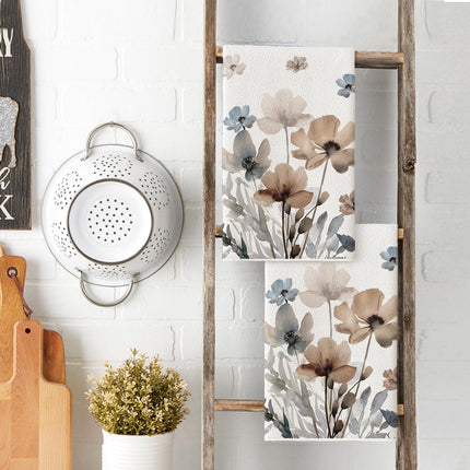 Brown Poppy Floral Leaves Spring Kitchen Towels Dish Towels, 18x26 Inch Seasonal Summer Decoration Hand Towels Set of 2.
