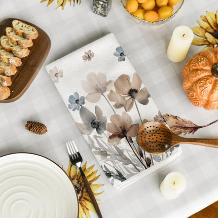 Brown Poppy Floral Leaves Spring Kitchen Towels Dish Towels, 18x26 Inch Seasonal Summer Decoration Hand Towels Set of 2.
