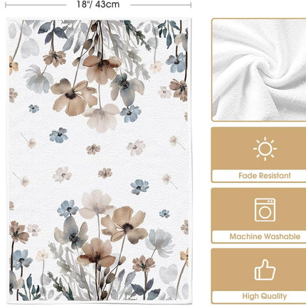 Brown Poppy Floral Leaves Spring Kitchen Towels Dish Towels, 18x26 Inch Seasonal Summer Decoration Hand Towels Set of 2.