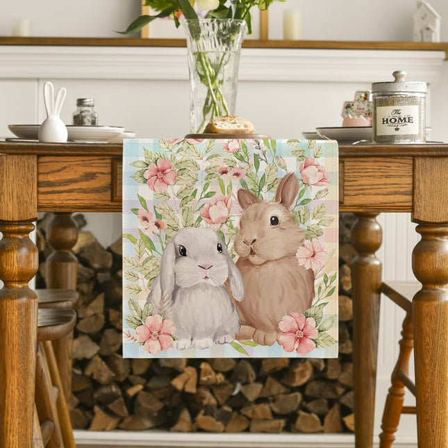 Bunny Rabbit Leaves Floral Easter Table Runner, Seasonal Spring Kitchen Dining Table Decoration for Home Party Decor 13x72 Inch.