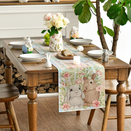 Bunny Rabbit Leaves Floral Easter Table Runner, Seasonal Spring Kitchen Dining Table Decoration for Home Party Decor 13x72 Inch.