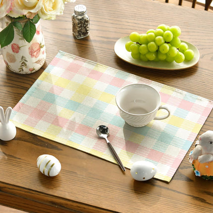 Blue Pink Yellow Buffalo Plaid Placemats Set of 4, 12x18 Inch Seasonal Easter Table Mats for Party Kitchen Dining Decoration.