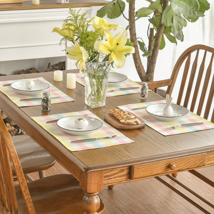 Blue Pink Yellow Buffalo Plaid Placemats Set of 4, 12x18 Inch Seasonal Easter Table Mats for Party Kitchen Dining Decoration.