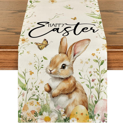 Bunny Rabbit Butterfly Eggs Flowers Easter Table Runner, Seasonal Spring Kitchen Dining Table Decoration for Home Party Decor 13x72 Inch.