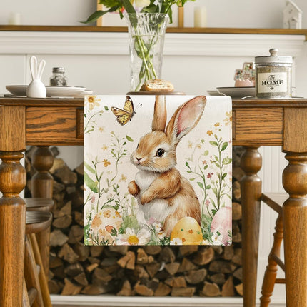Bunny Rabbit Butterfly Eggs Flowers Easter Table Runner, Seasonal Spring Kitchen Dining Table Decoration for Home Party Decor 13x72 Inch.