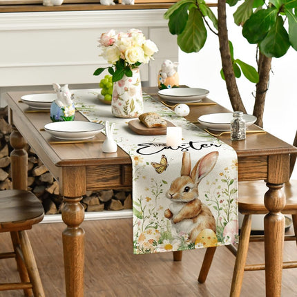 Bunny Rabbit Butterfly Eggs Flowers Easter Table Runner, Seasonal Spring Kitchen Dining Table Decoration for Home Party Decor 13x72 Inch.