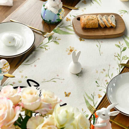 Bunny Rabbit Butterfly Eggs Flowers Easter Table Runner, Seasonal Spring Kitchen Dining Table Decoration for Home Party Decor 13x72 Inch.