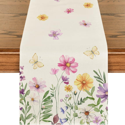 Flowers Butterfly Spring Table Runner, Seasonal Summer Kitchen Dining Table Decoration for Home Party Decor 13x72 Inch.