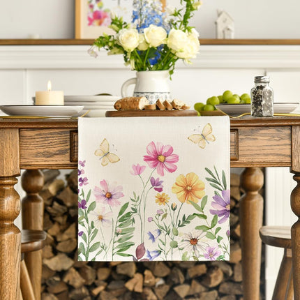 Flowers Butterfly Spring Table Runner, Seasonal Summer Kitchen Dining Table Decoration for Home Party Decor 13x72 Inch.