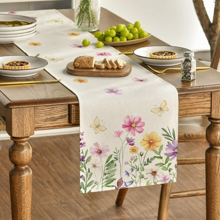 Flowers Butterfly Spring Table Runner, Seasonal Summer Kitchen Dining Table Decoration for Home Party Decor 13x72 Inch.