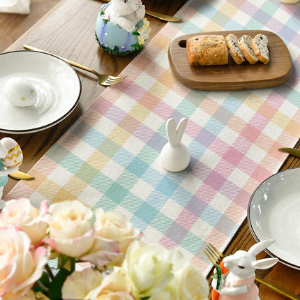 Blue Pink Yellow Buffalo Plaid Easter Table Runner, Daily Holiday Check Kitchen Dining Table Decoration for Home Party Outdoor 13x72 Inch.