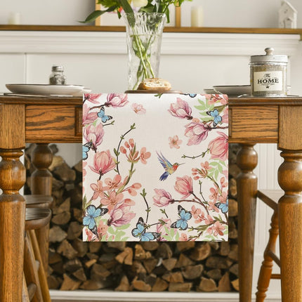 Flowers Bird Butterfly Spring Table Runner, Seasonal Kitchen Dining Table Decoration for Home Party Decor 13x72 Inch.