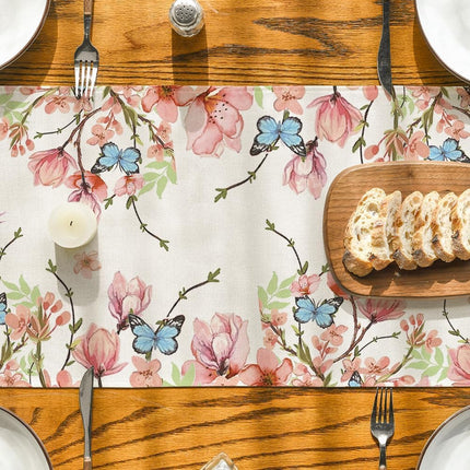 Flowers Bird Butterfly Spring Table Runner, Seasonal Kitchen Dining Table Decoration for Home Party Decor 13x72 Inch.