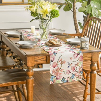Flowers Bird Butterfly Spring Table Runner, Seasonal Kitchen Dining Table Decoration for Home Party Decor 13x72 Inch.