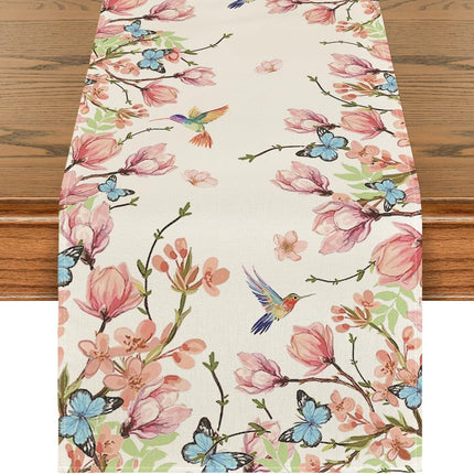 Flowers Bird Butterfly Spring Table Runner, Seasonal Kitchen Dining Table Decoration for Home Party Decor 13x72 Inch.