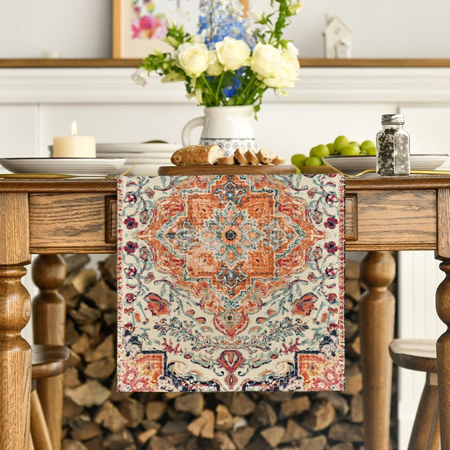 Boho Bohemia Style Orange Table Runner, Country Rustic Farmhouse Magical Fall Kitchen Dining Table Decoration for Home Party Decor 13x72 Inch.