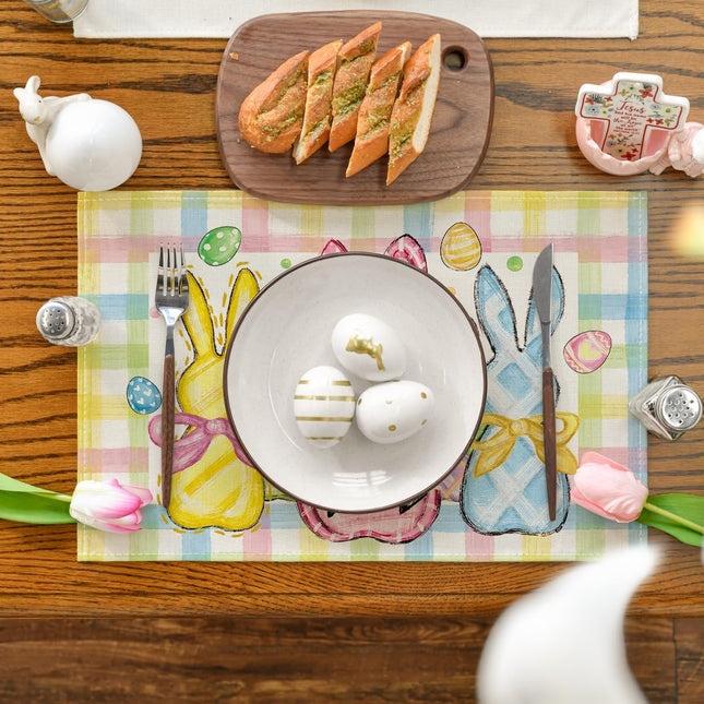 Colorful Buffalo Plaid Bunny Rabbits Happy Easter Placemats Set of 4, 12x18 Inch Seasonal Spring Holiday Table Mats for Party Kitchen Dining Decoration.
