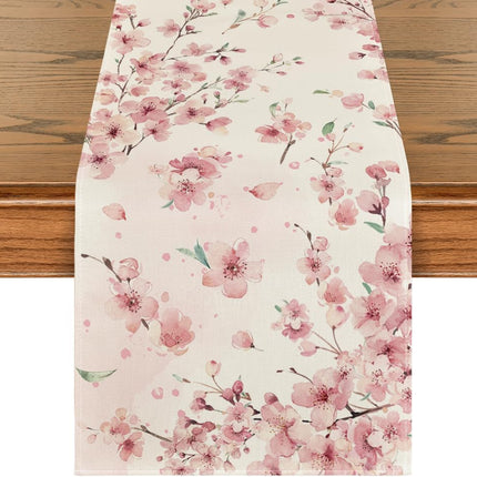 Floral Cherry Blossoms Branches Summer Table Runner, Seasonal Spring Kitchen Dining Table Decoration for Home Party Decor 13x72 Inch.