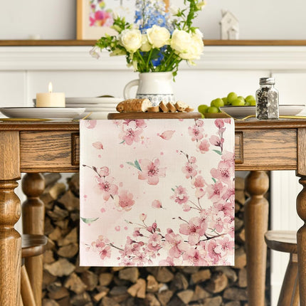 Floral Cherry Blossoms Branches Summer Table Runner, Seasonal Spring Kitchen Dining Table Decoration for Home Party Decor 13x72 Inch.