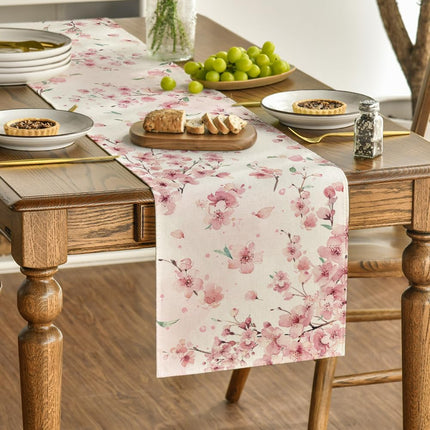 Floral Cherry Blossoms Branches Summer Table Runner, Seasonal Spring Kitchen Dining Table Decoration for Home Party Decor 13x72 Inch.