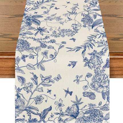 Monochrome Sketch Birds and Flowers Spring Table Runner, Seasonal Summer Fall Kitchen Dining Table Decoration for Home Party Decor 13x72 Inch.