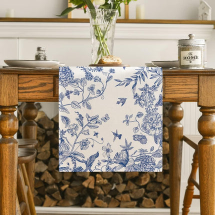 Monochrome Sketch Birds and Flowers Spring Table Runner, Seasonal Summer Fall Kitchen Dining Table Decoration for Home Party Decor 13x72 Inch.