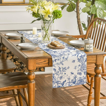 Monochrome Sketch Birds and Flowers Spring Table Runner, Seasonal Summer Fall Kitchen Dining Table Decoration for Home Party Decor 13x72 Inch.