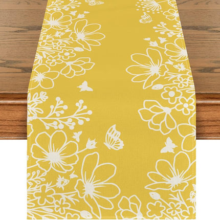 Yellow Bloom Flowers Butterfly Spring Table Runner, Seasonal Holiday Kitchen Dining Table Decoration for Home Party Indoor 13x72 Inch.