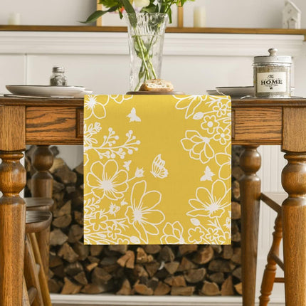Yellow Bloom Flowers Butterfly Spring Table Runner, Seasonal Holiday Kitchen Dining Table Decoration for Home Party Indoor 13x72 Inch.
