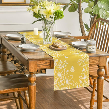 Yellow Bloom Flowers Butterfly Spring Table Runner, Seasonal Holiday Kitchen Dining Table Decoration for Home Party Indoor 13x72 Inch.
