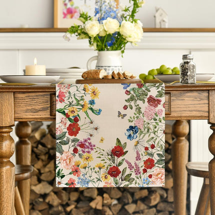 Plants Floral Butterfly Valentine's Day Table Runner, Anniversary Wedding Kitchen Dining Table Decoration for Home Party Decor 13x72 Inch.
